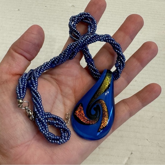 Art Glass Blue Hand Blown Glass Pendant With Seed Bead Multi-Strand Necklace - Picture 6 of 16
